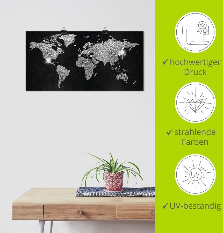 Artland Artprint Wereldkaart glitter als artprint van aluminium artprint voor buiten artprint op linnen poster muursticker - Foto 4