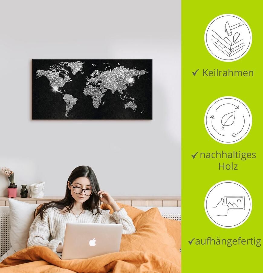 Artland Artprint Wereldkaart glitter als artprint van aluminium artprint voor buiten artprint op linnen poster muursticker - Foto 3