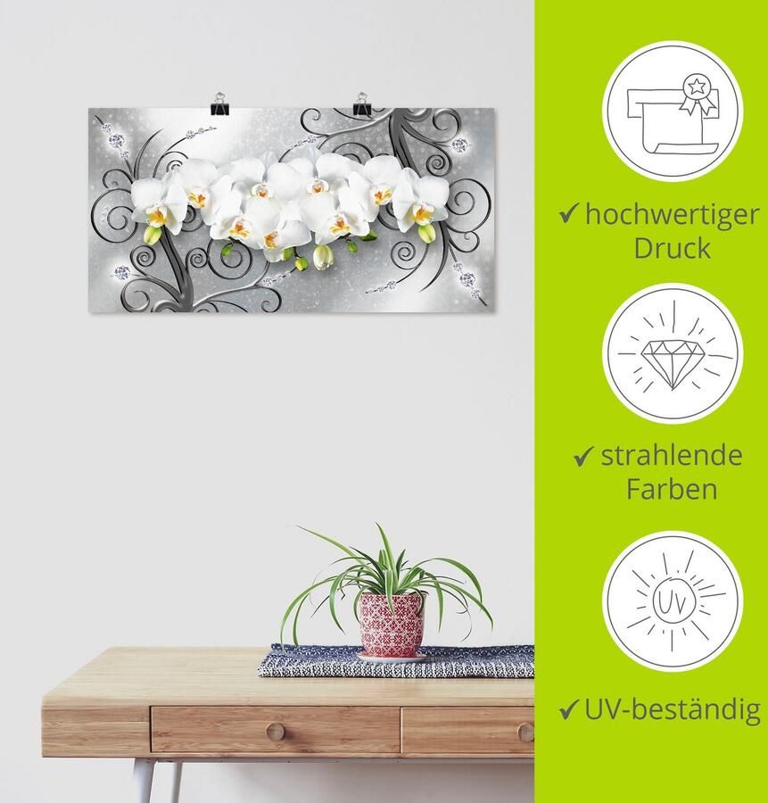 Artland Artprint Witte orchideeën op ornamenten als artprint van aluminium artprint voor buiten artprint op linnen poster muursticker - Foto 3