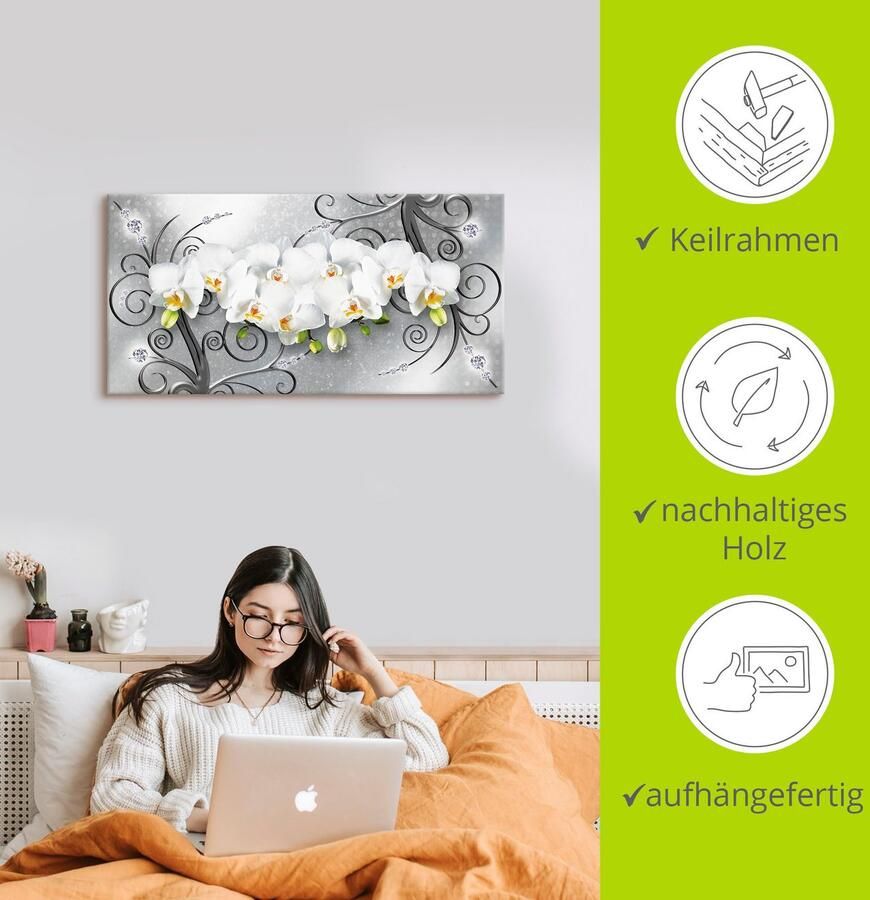 Artland Artprint Witte orchideeën op ornamenten als artprint van aluminium artprint voor buiten artprint op linnen poster muursticker - Foto 3