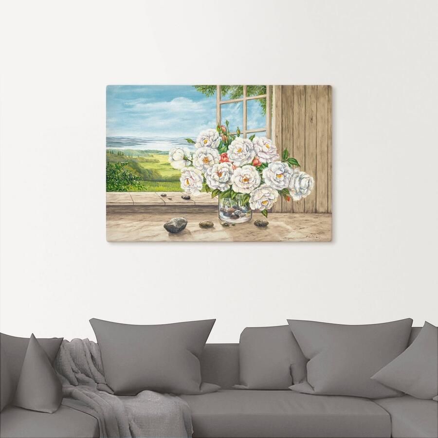 Artland Artprint Witte rozen bij het raam als artprint van aluminium artprint op linnen muursticker of poster in verschillende maten