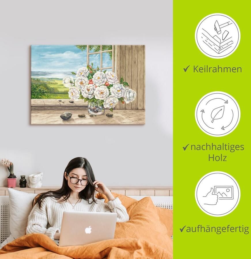 Artland Artprint Witte rozen bij het raam als artprint van aluminium artprint op linnen muursticker of poster in verschillende maten - Foto 2