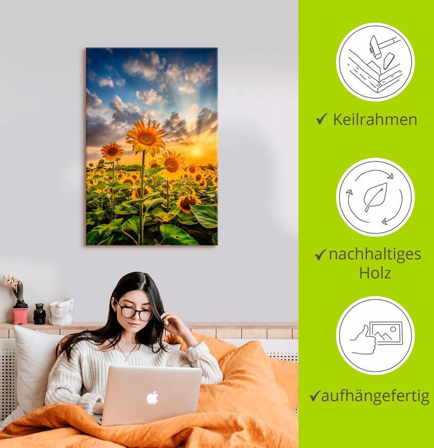 Artland Artprint Zonnebloemen in de zonsondergang als artprint op linnen poster in verschillende formaten maten - Foto 5