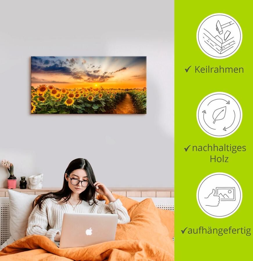 Artland Artprint Zonnebloemenveld bij zonsondergang als artprint van aluminium artprint voor buiten artprint op linnen poster in verschillende maten. maten - Foto 2