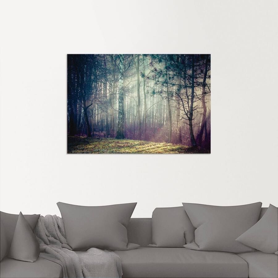 Artland Aluminium dibond print Zonnestralen in het bos geschikt voor binnen en buiten buitenafbeelding