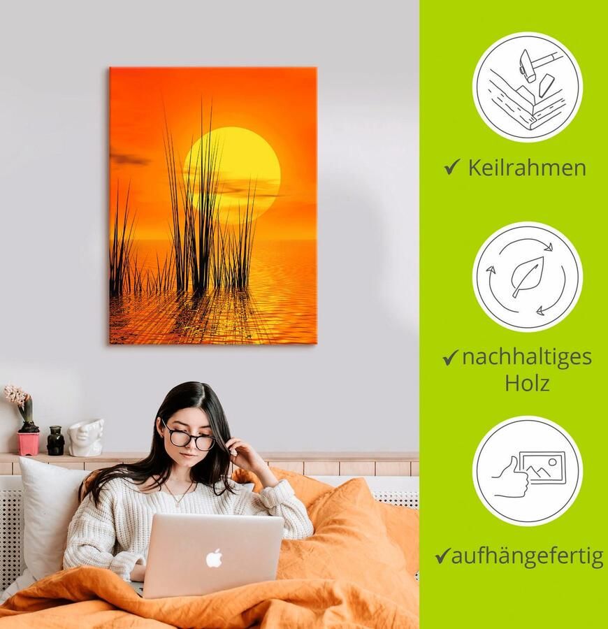 Artland Artprint op linnen Zonsondergang met riet