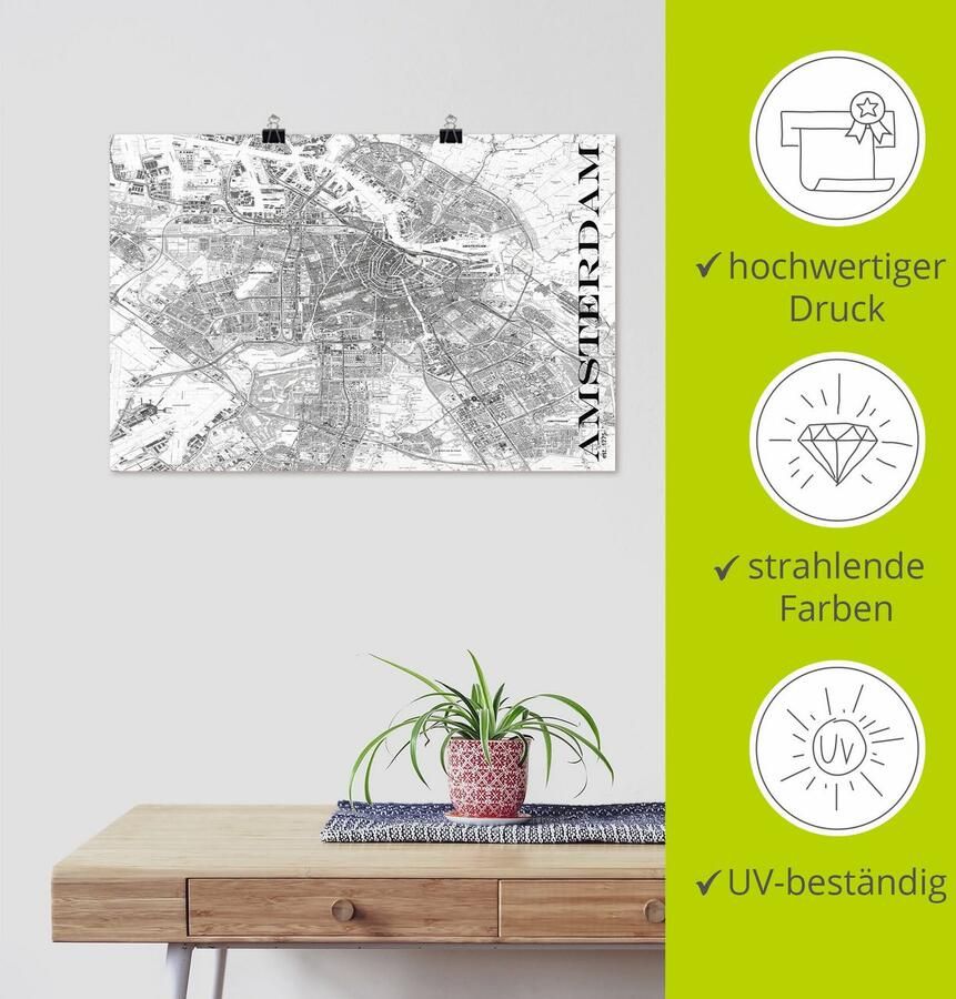 Artland Poster Amsterdam kaart straten kaart als artprint van aluminium artprint op linnen muursticker of poster in verschillende maten - Foto 2