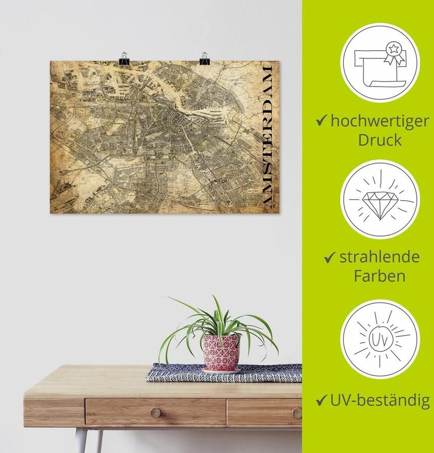 Artland Poster Amsterdam kaart straten kaart Sepia als artprint van aluminium artprint op linnen muursticker of poster in verschillende maten - Foto 3
