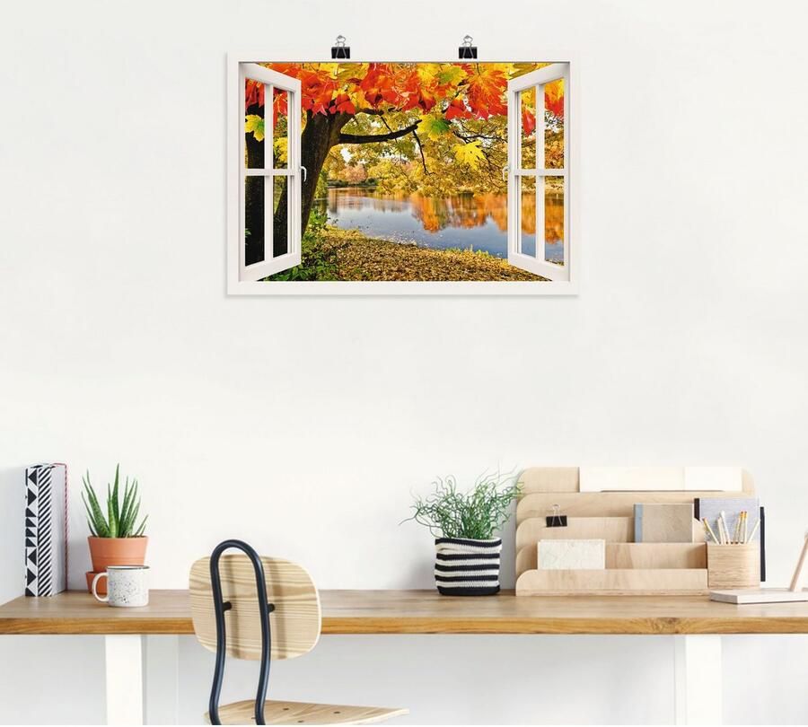 Artland Poster Blik uit het venster herfstdag aan een meer als artprint van aluminium artprint op linnen muursticker of poster in verschillende maten - Foto 4
