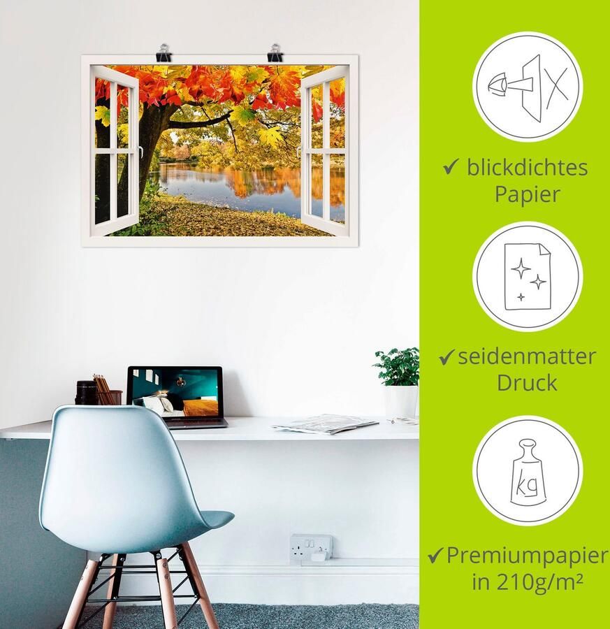 Artland Poster Blik uit het venster herfstdag aan een meer als artprint van aluminium artprint op linnen muursticker of poster in verschillende maten - Foto 2