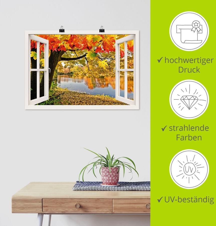 Artland Poster Blik uit het venster herfstdag aan een meer als artprint van aluminium artprint op linnen muursticker of poster in verschillende maten - Foto 3