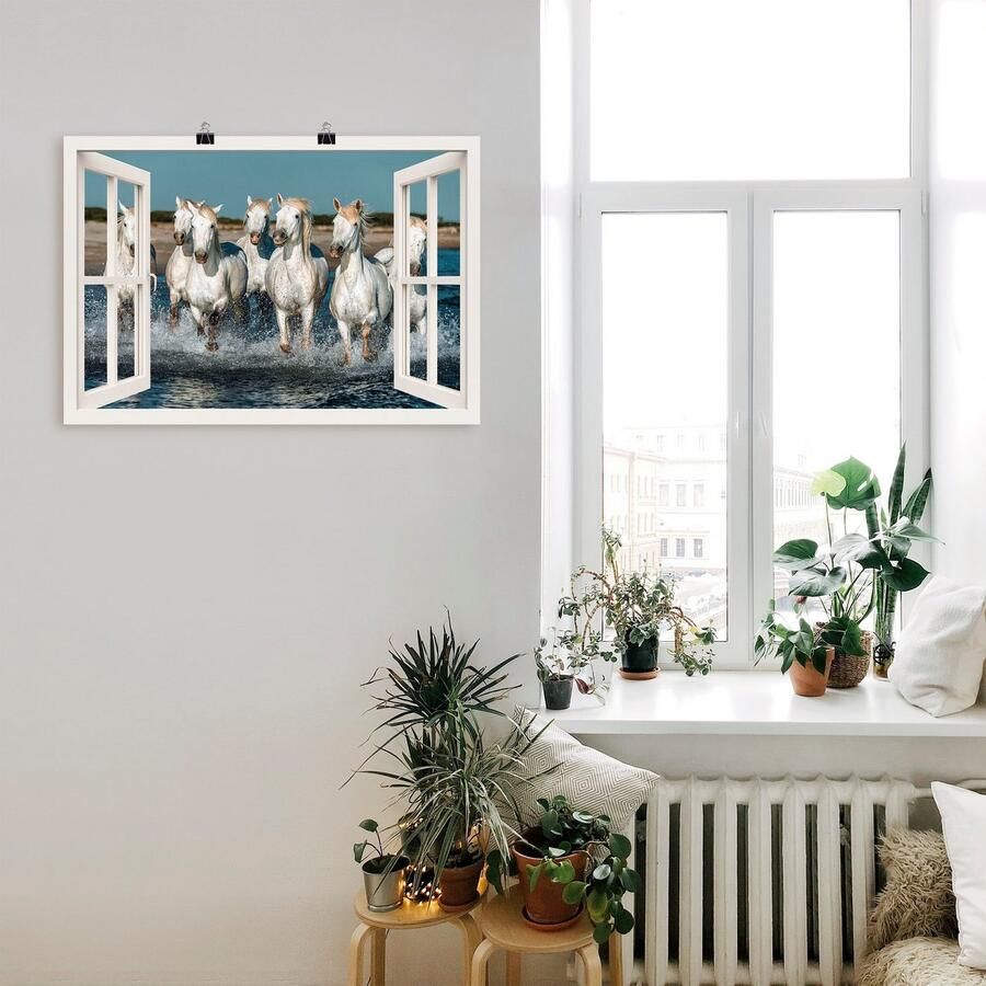 Artland Poster Blik uit het venster paarden op het strand als artprint van aluminium artprint op linnen muursticker of poster in verschillende maten - Foto 2