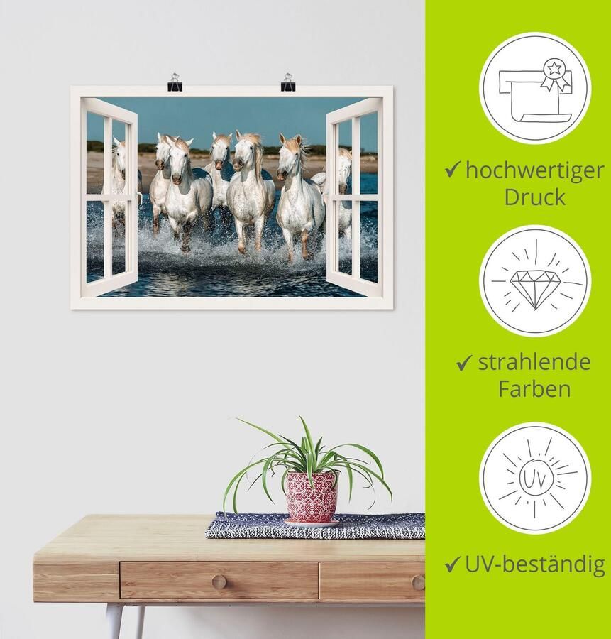 Artland Poster Blik uit het venster paarden op het strand als artprint van aluminium artprint op linnen muursticker of poster in verschillende maten - Foto 4