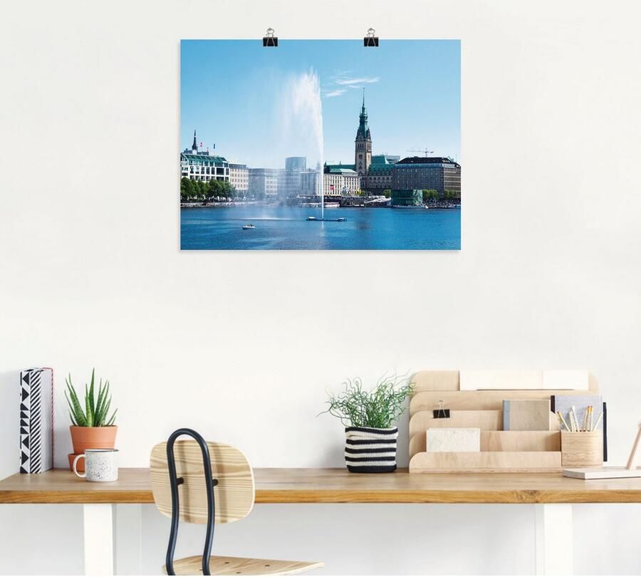 Artland Poster Hamburg Alsterfontein met stadhuis als artprint van aluminium artprint op linnen muursticker of poster in verschillende maten - Foto 4