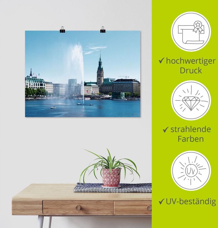 Artland Poster Hamburg Alsterfontein met stadhuis als artprint van aluminium artprint op linnen muursticker of poster in verschillende maten - Foto 3