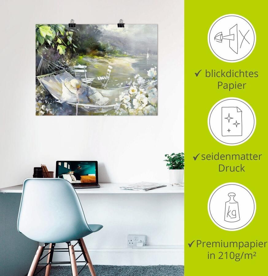 Artland Poster Hangmat in de buurt van de zee als artprint op linnen muursticker of poster in verschillende maten - Foto 2