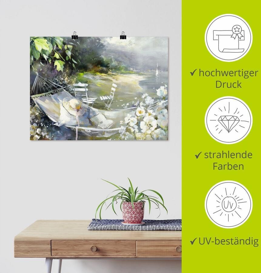 Artland Poster Hangmat in de buurt van de zee als artprint op linnen muursticker of poster in verschillende maten - Foto 3