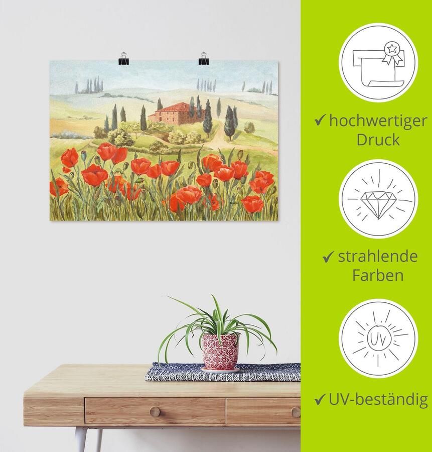 Artland Poster Klaproosweide in de Toscane als artprint van aluminium artprint op linnen muursticker of poster in verschillende maten - Foto 3