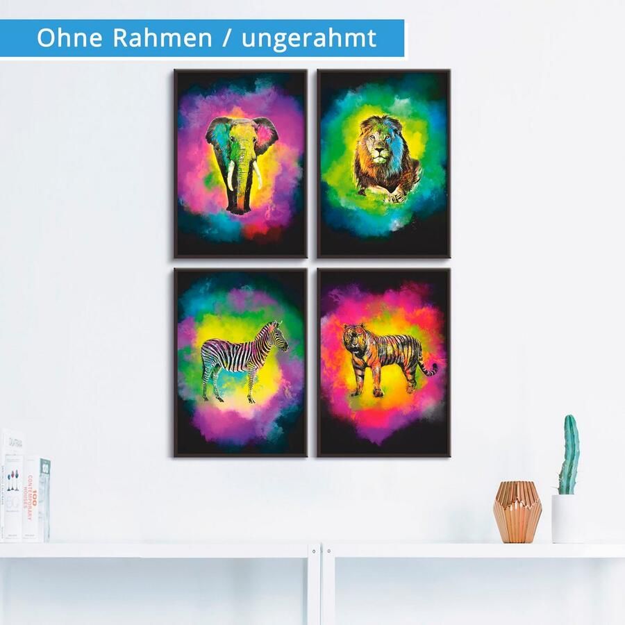 Artland Poster Kleurexplosie olifant leeuw zebra tijger (4 stuks) - Foto 2
