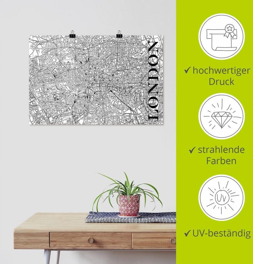 Artland Poster Londen Kaart straten kaart als artprint van aluminium artprint op linnen muursticker of poster in verschillende maten - Foto 3