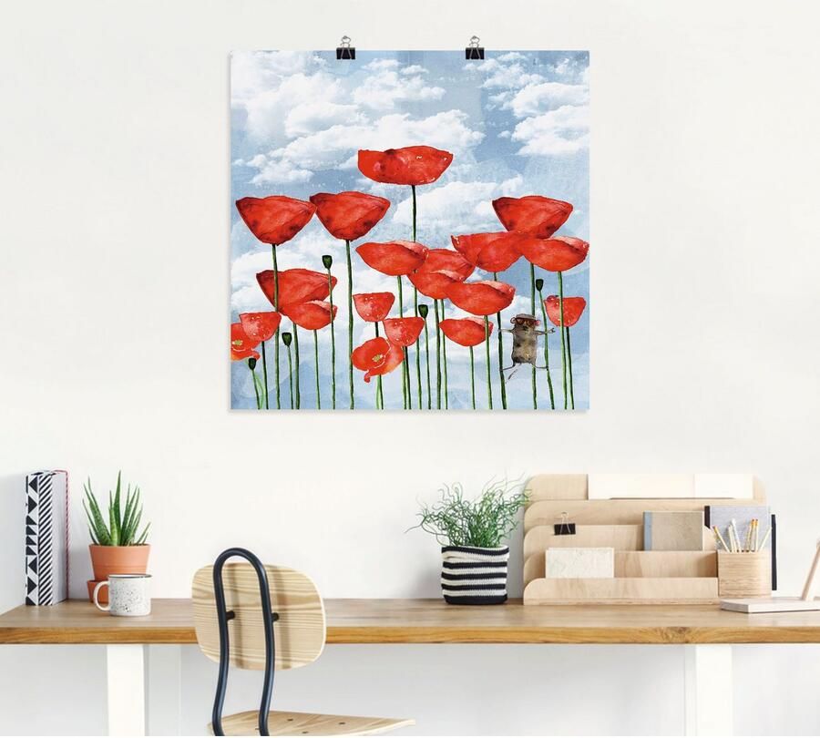 Artland Poster Muis in veld klaprozen op een bewolkte dag als artprint van aluminium artprint op linnen muursticker of poster in verschillende maten - Foto 3