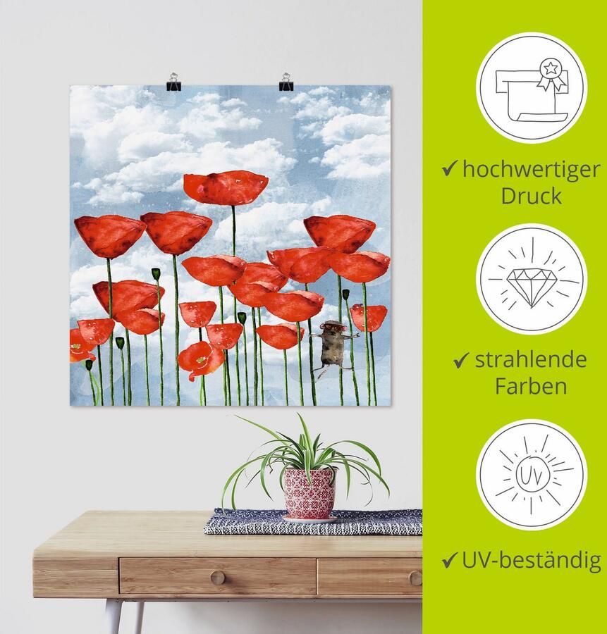 Artland Poster Muis in veld klaprozen op een bewolkte dag als artprint van aluminium artprint op linnen muursticker of poster in verschillende maten - Foto 2