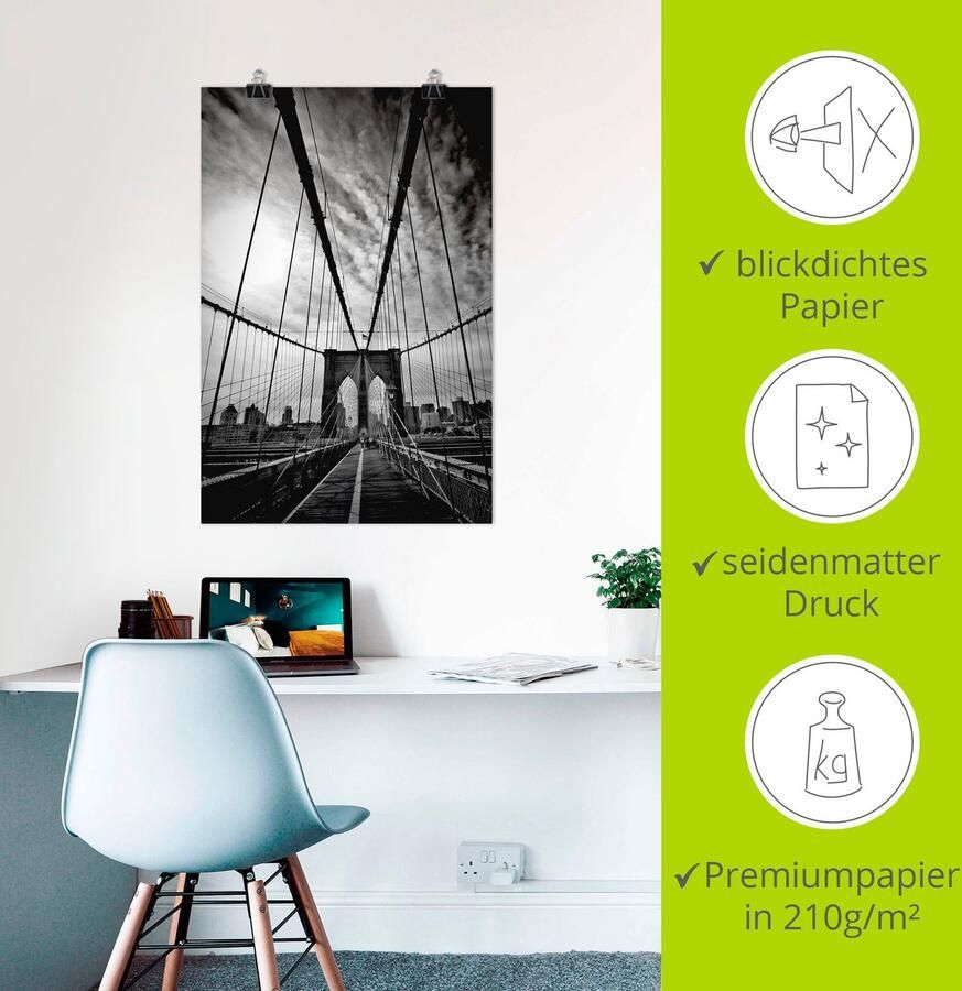 Artland Poster New York City Machtige Brooklyn Bridge als artprint van aluminium artprint op linnen muursticker of poster in verschillende maten - Foto 2