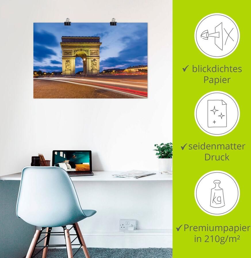 Artland Poster Parijs Triomfboog 's avonds als artprint van aluminium artprint op linnen muursticker of poster in verschillende maten - Foto 2