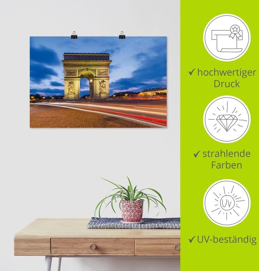 Artland Poster Parijs Triomfboog 's avonds als artprint van aluminium artprint op linnen muursticker of poster in verschillende maten - Foto 3