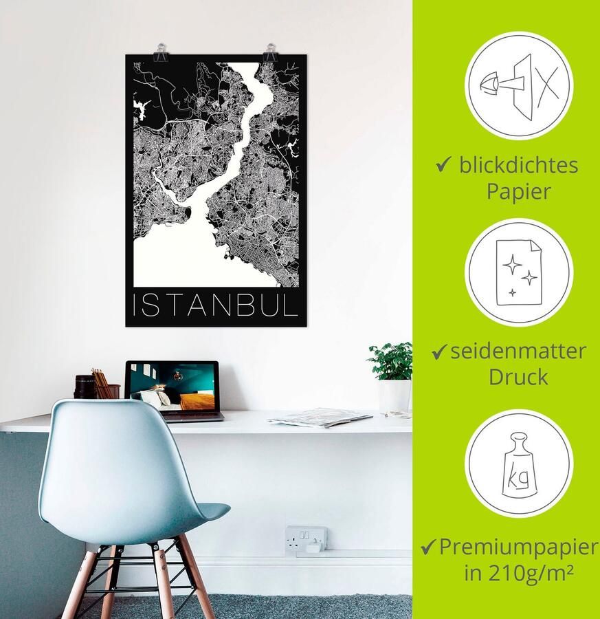 Artland Poster Retro kaart Istanbul zwart & wit als artprint van aluminium artprint op linnen muursticker of poster in verschillende maten - Foto 2