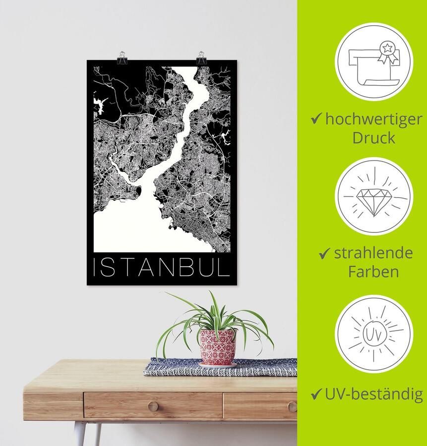 Artland Poster Retro kaart Istanbul zwart & wit als artprint van aluminium artprint op linnen muursticker of poster in verschillende maten - Foto 3