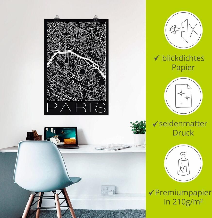 Artland Poster Retro kaart Parijs Frankrijk zwart als artprint van aluminium artprint op linnen muursticker of poster in verschillende maten - Foto 2