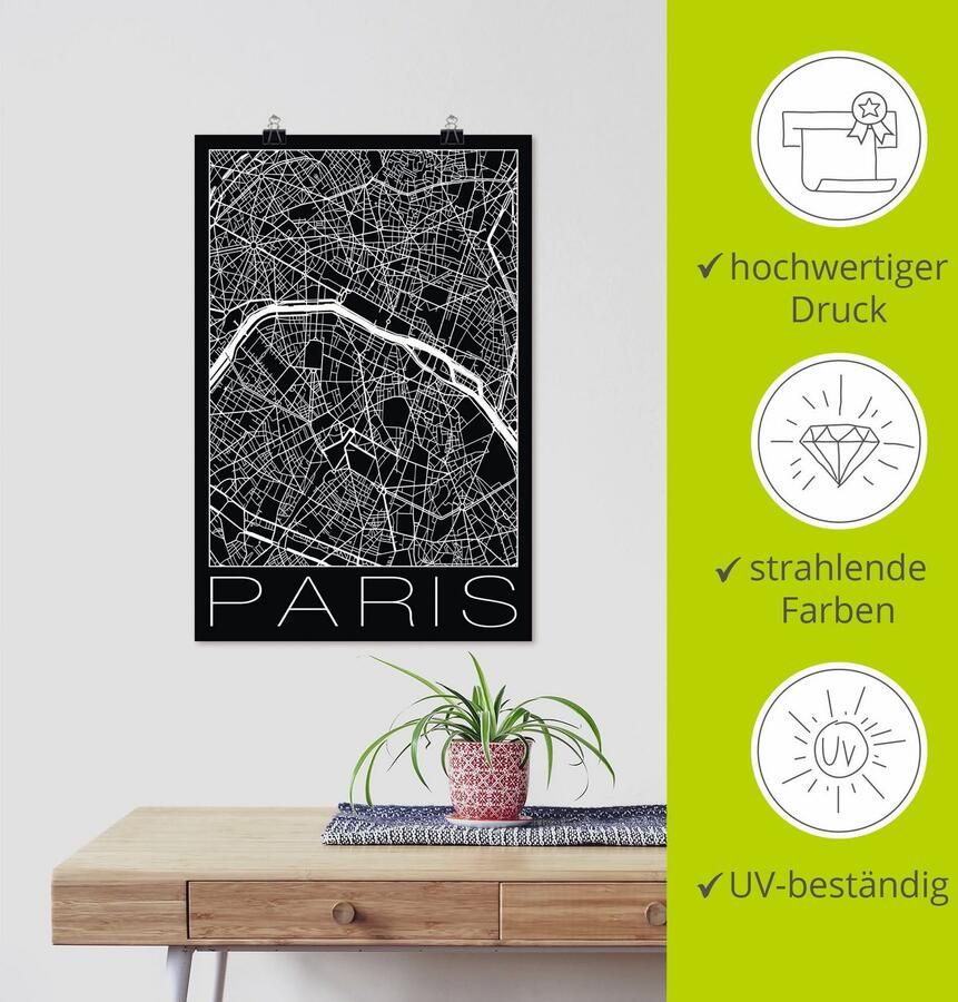 Artland Poster Retro kaart Parijs Frankrijk zwart als artprint van aluminium artprint op linnen muursticker of poster in verschillende maten - Foto 3