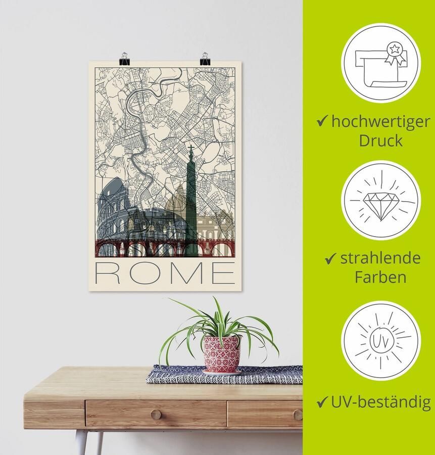 Artland Poster Retro kaart Rome Italië en skyline als artprint van aluminium artprint op linnen muursticker of poster in verschillende maten - Foto 3