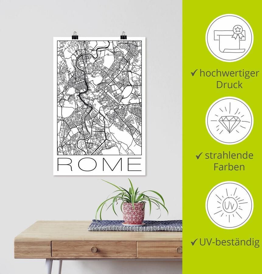 Artland Poster Retro kaart Rome Italië zwart & wit als artprint van aluminium artprint op linnen muursticker of poster in verschillende maten - Foto 2