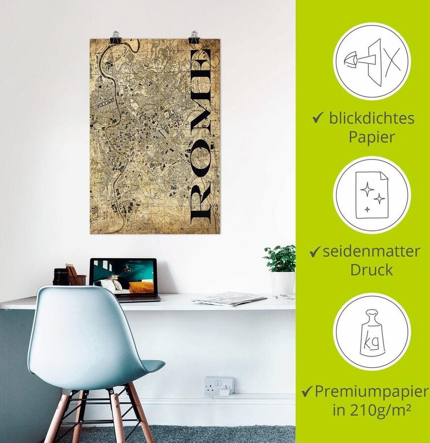 Artland Poster Rome Kaart straten kaart Sepia als artprint van aluminium artprint op linnen muursticker of poster in verschillende maten - Foto 2