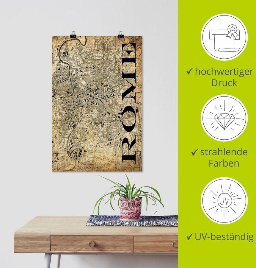 Artland Poster Rome Kaart straten kaart Sepia als artprint van aluminium artprint op linnen muursticker of poster in verschillende maten - Foto 3