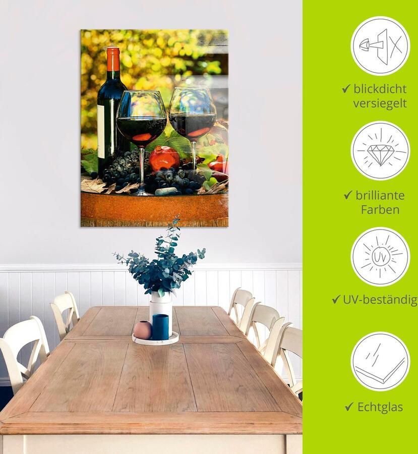 Artland Print op glas Glazen met rode wijn op oud vat - Foto 3