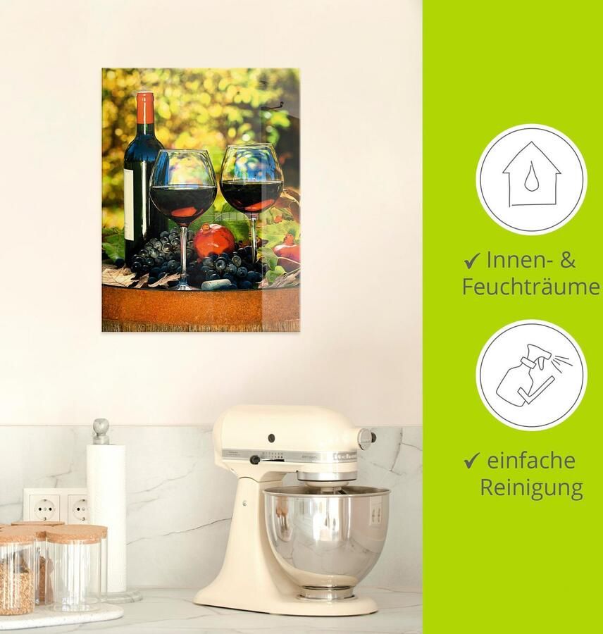 Artland Print op glas Glazen met rode wijn op oud vat - Foto 2