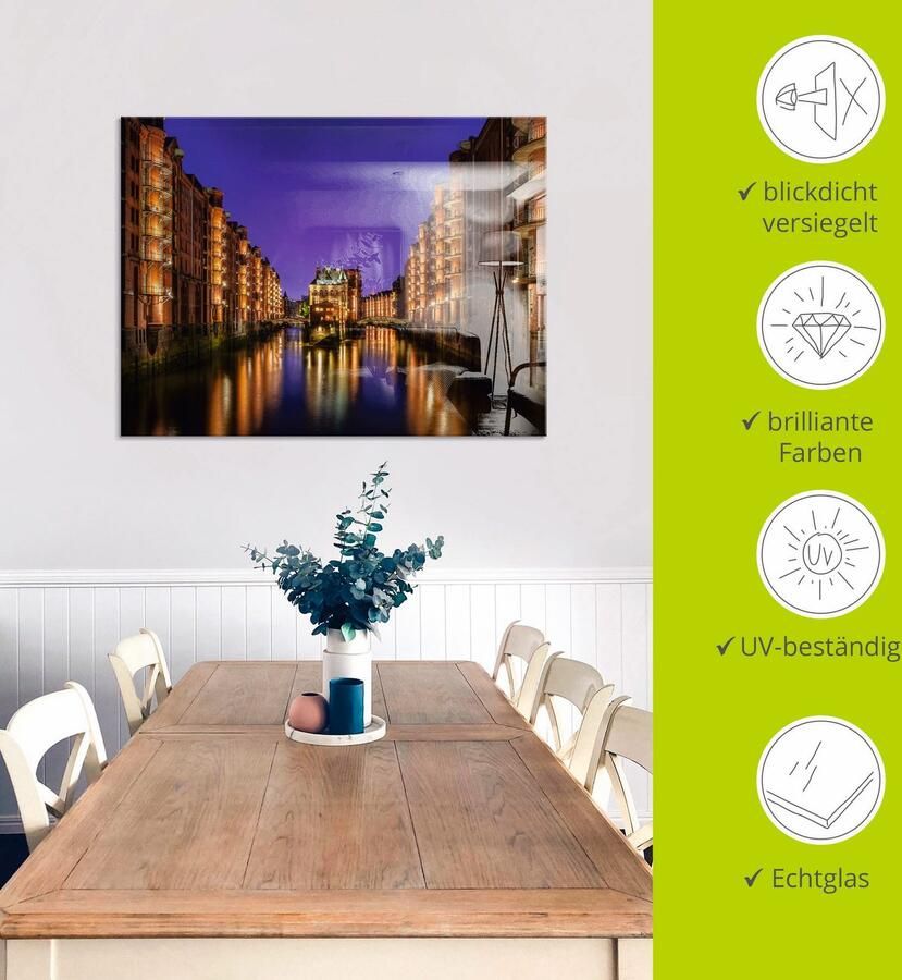 Artland Print op glas Hamburg Speicherstadt 's nachts - Foto 4