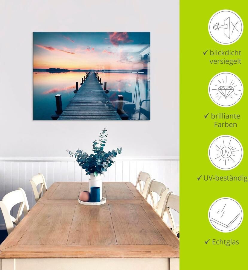 Artland Print op glas Lange pier aan het meer in zonsopkomst - Foto 3