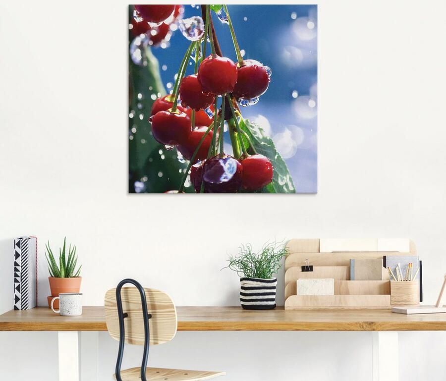 Artland Print op glas Rode kersen in de zomerregen - Foto 5