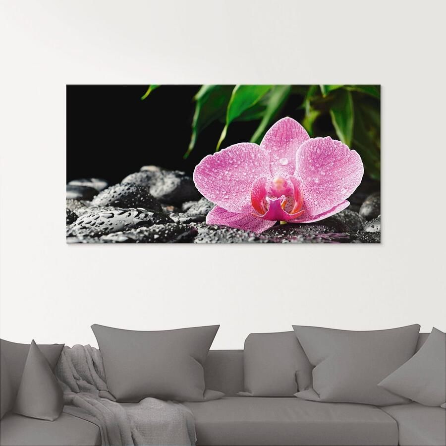 Artland Print op glas Roze orchidee op zwarte zen stenen - Foto 2