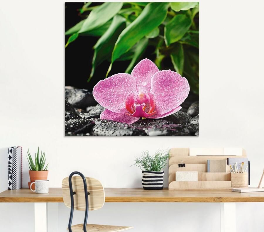 Artland Print op glas Roze orchidee op zwarte zen stenen - Foto 5