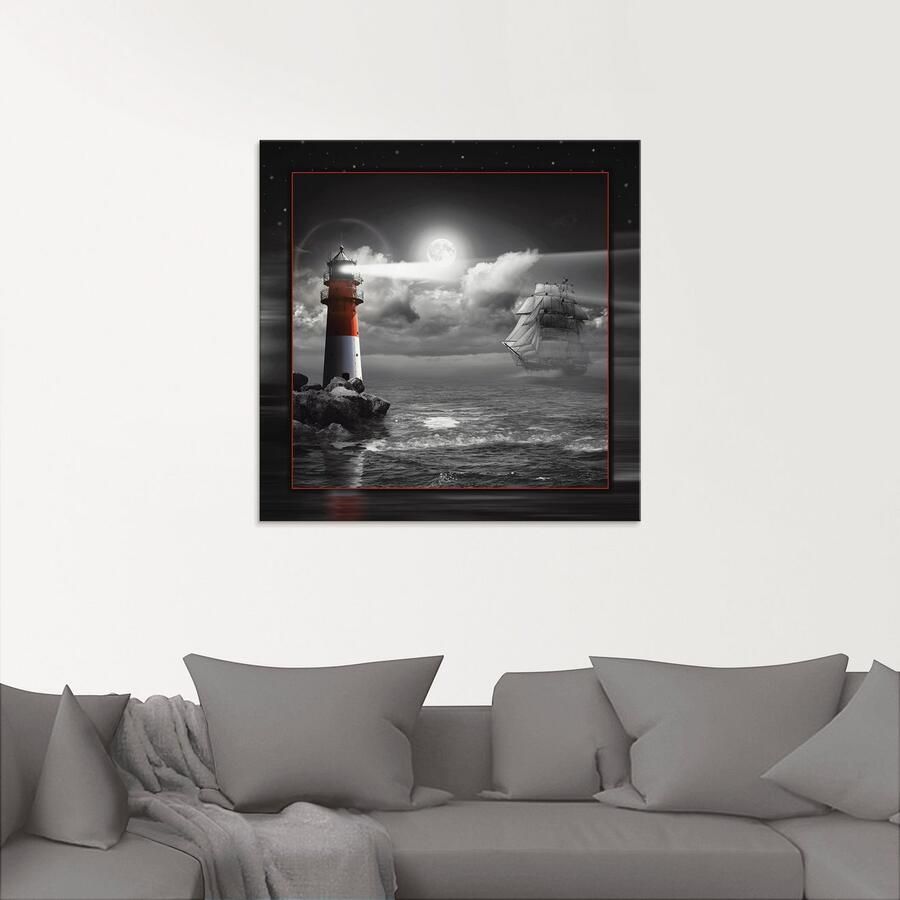 Artland Print op glas Vuurtoren en zeilschip in het maanlicht - Foto 2