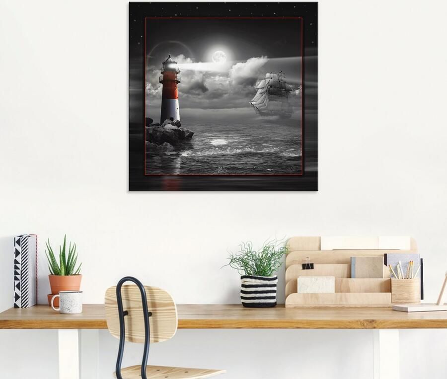 Artland Print op glas Vuurtoren en zeilschip in het maanlicht - Foto 6