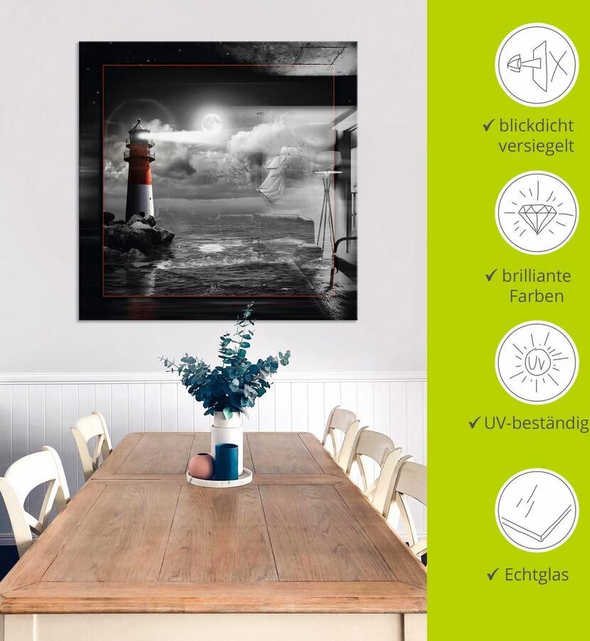 Artland Print op glas Vuurtoren en zeilschip in het maanlicht - Foto 5