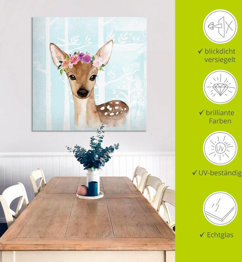 Artland Print op glas Wild ree met bloemen in blauw bos - Foto 4