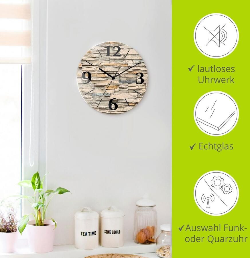 Artland Wandklok Bruine oude tegelmuur optioneel verkrijgbaar met kwarts- of radiografisch uurwerk geruisloos zonder tikkend geluid - Foto 4