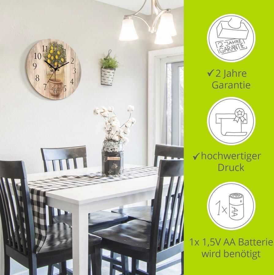 Artland Wandklok Citroenboompje met hout-look optioneel verkrijgbaar met kwarts- of radiografisch uurwerk geruisloos zonder tikkend geluid - Foto 2